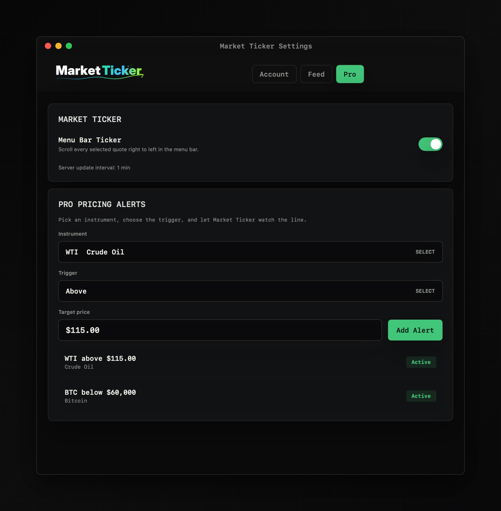 Market Ticker Pro settings with active price alerts