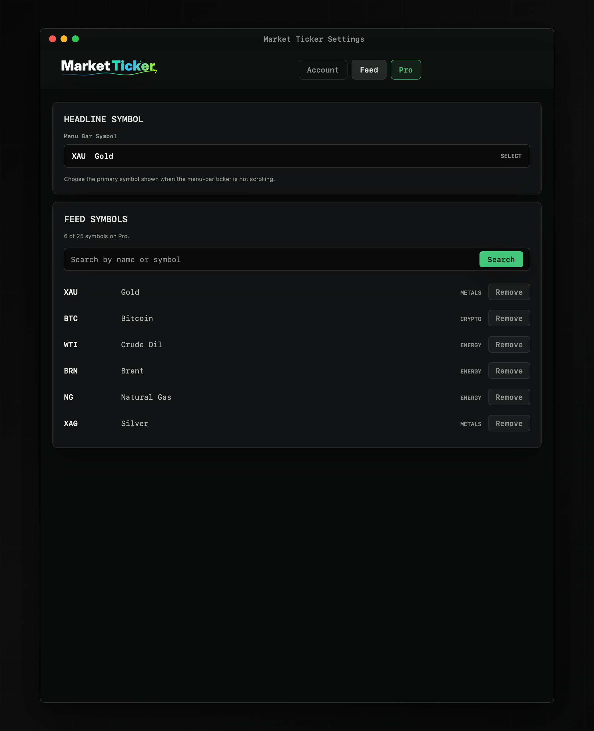 Market Ticker feed settings with selected symbols